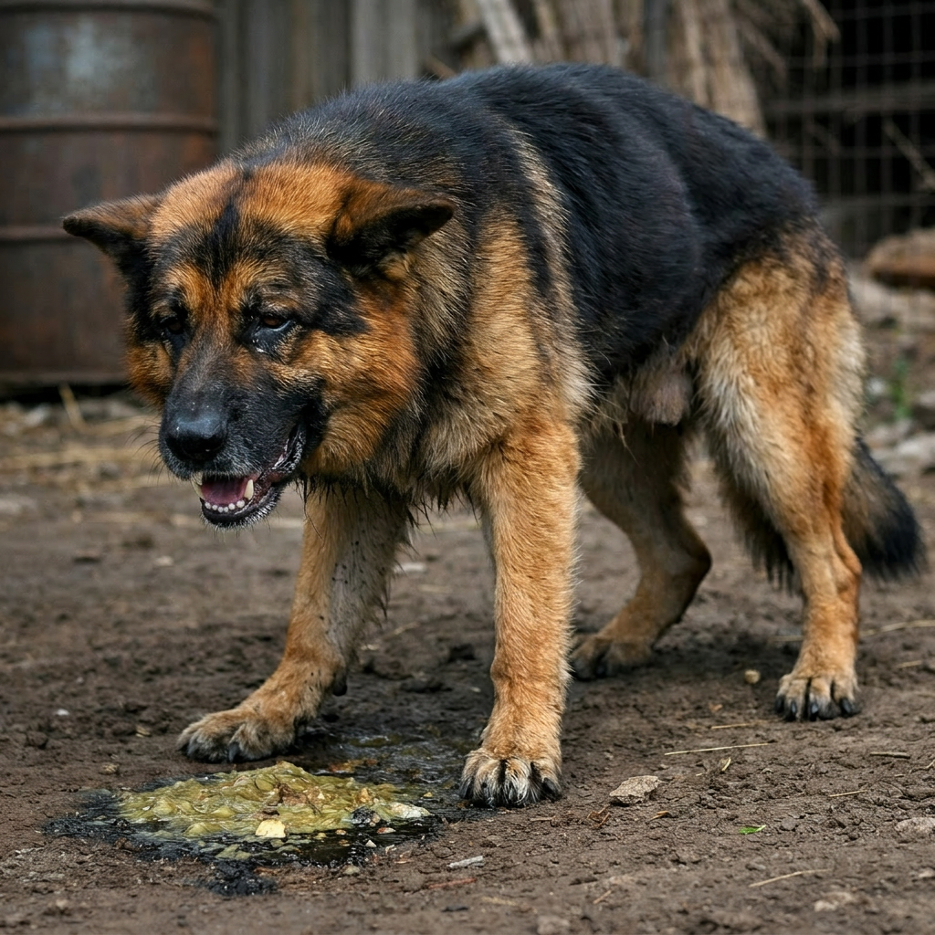 German Shepherd dog vomiting on dirt ground outdoors